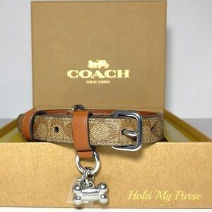 Coach Small Dog Collar Brown Khaki Signature C Includes an Apple AirTag Tracker